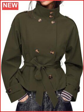 Cropped Trench Coat Double Breasted High Collar Short Jacket